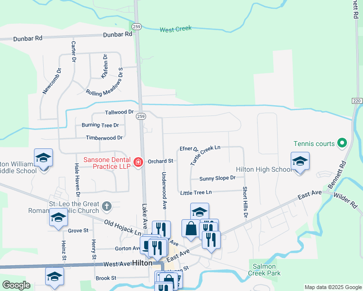 map of restaurants, bars, coffee shops, grocery stores, and more near 12 Efner Drive in Hilton