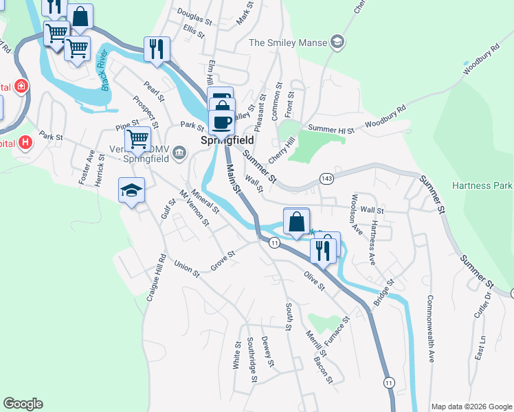 map of restaurants, bars, coffee shops, grocery stores, and more near 132 Main Street in Springfield