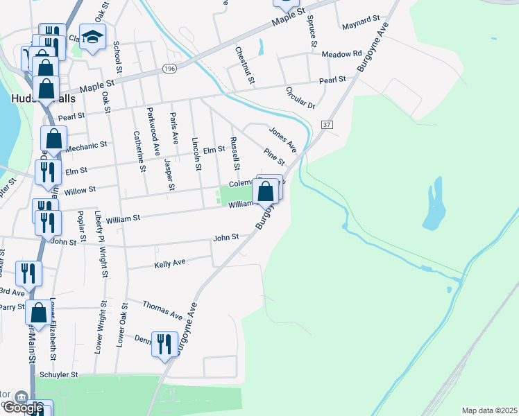 map of restaurants, bars, coffee shops, grocery stores, and more near 2365 Burgoyne Avenue in Hudson Falls