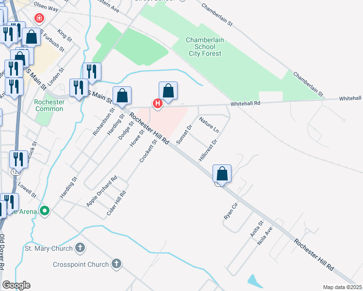 map of restaurants, bars, coffee shops, grocery stores, and more near 1 Sunset Drive in Rochester