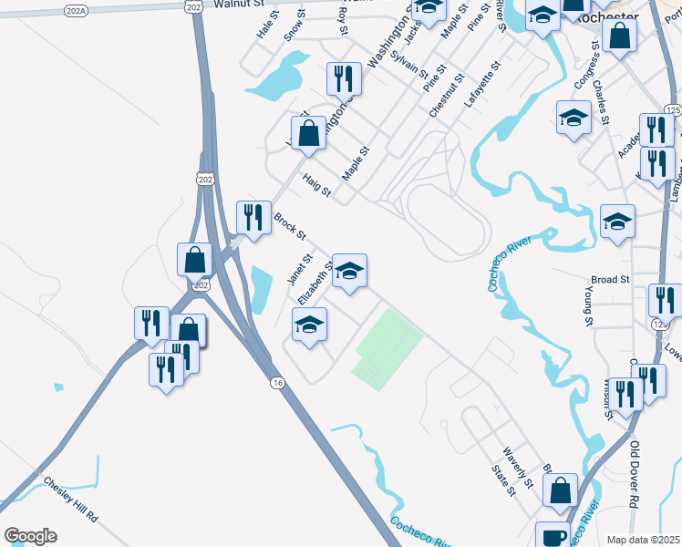 map of restaurants, bars, coffee shops, grocery stores, and more near 47 Brock Street in Rochester