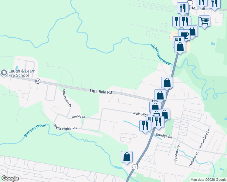 map of restaurants, bars, coffee shops, grocery stores, and more near 231 Littlefield Road in Wells