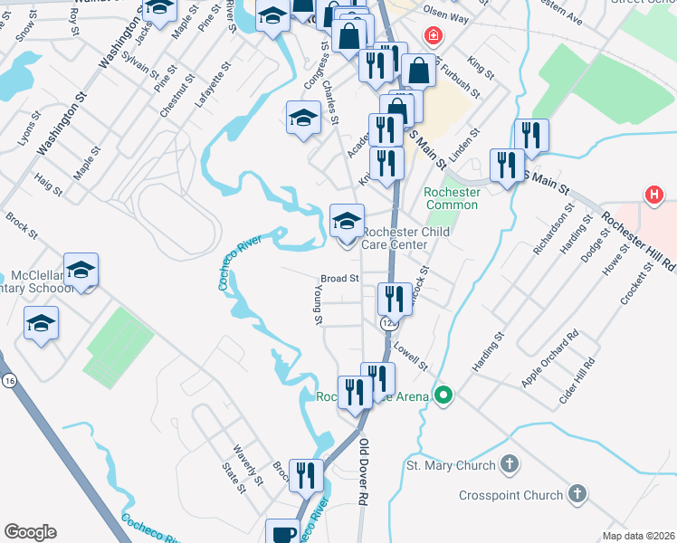 map of restaurants, bars, coffee shops, grocery stores, and more near 5 Broad Street in Rochester