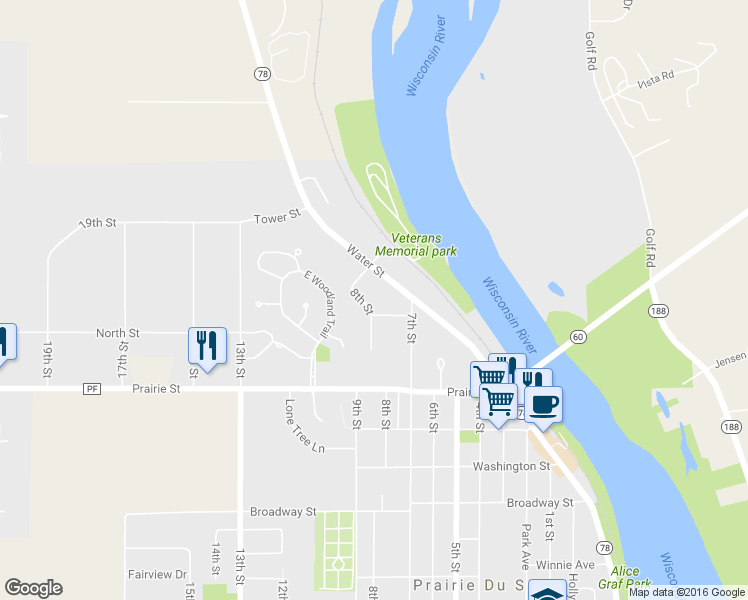 map of restaurants, bars, coffee shops, grocery stores, and more near 732 8th Street in Prairie du Sac