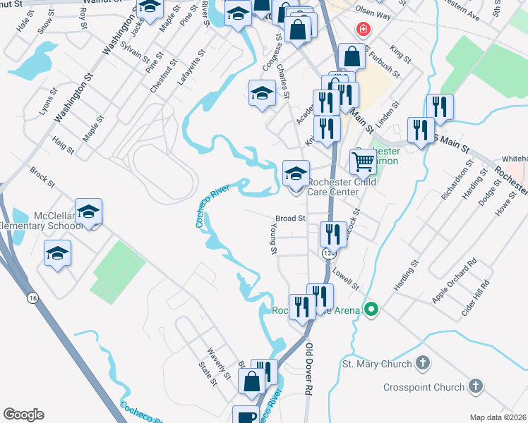 map of restaurants, bars, coffee shops, grocery stores, and more near 27 Broad Street in Rochester