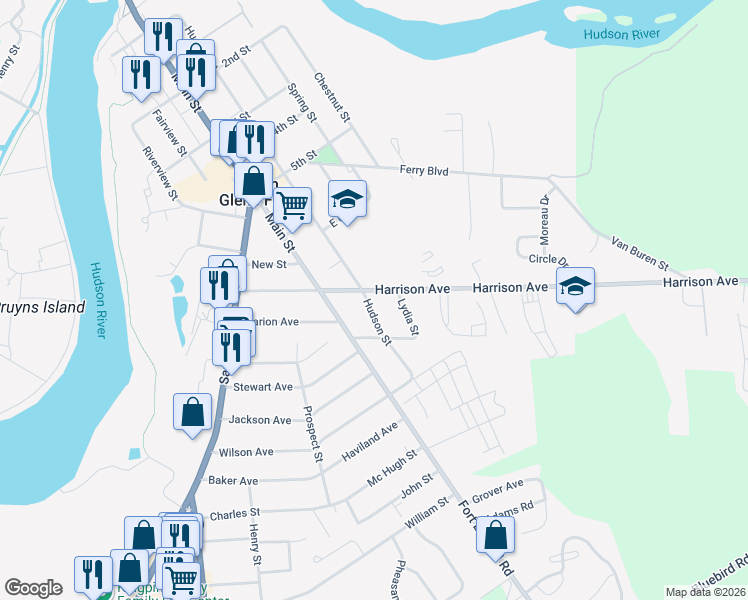 map of restaurants, bars, coffee shops, grocery stores, and more near 115 Hudson Street in South Glens Falls