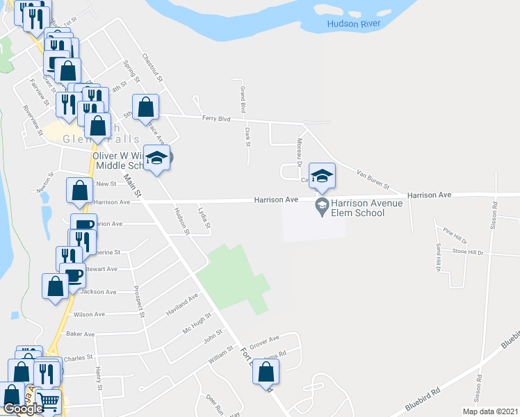 map of restaurants, bars, coffee shops, grocery stores, and more near 62 Harrison Avenue in South Glens Falls