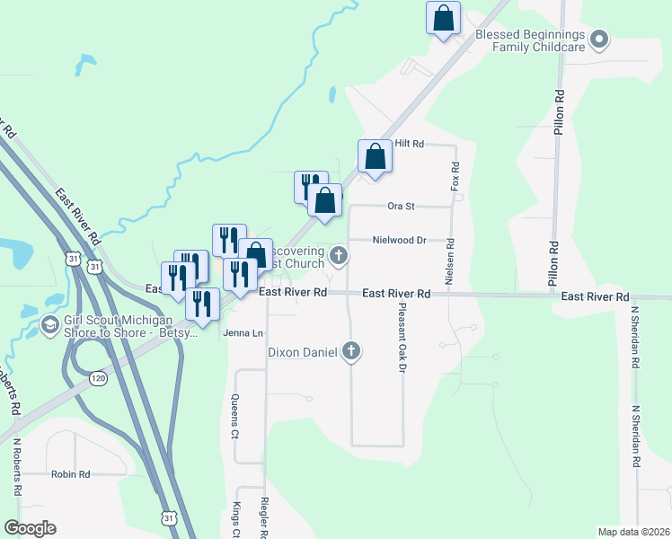 map of restaurants, bars, coffee shops, grocery stores, and more near 2330 Holton Road in North Muskegon