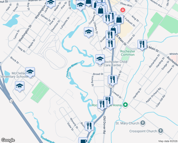 map of restaurants, bars, coffee shops, grocery stores, and more near 27 Broad Street in Rochester