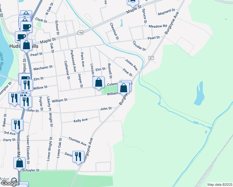 map of restaurants, bars, coffee shops, grocery stores, and more near 74 William Street in Hudson Falls