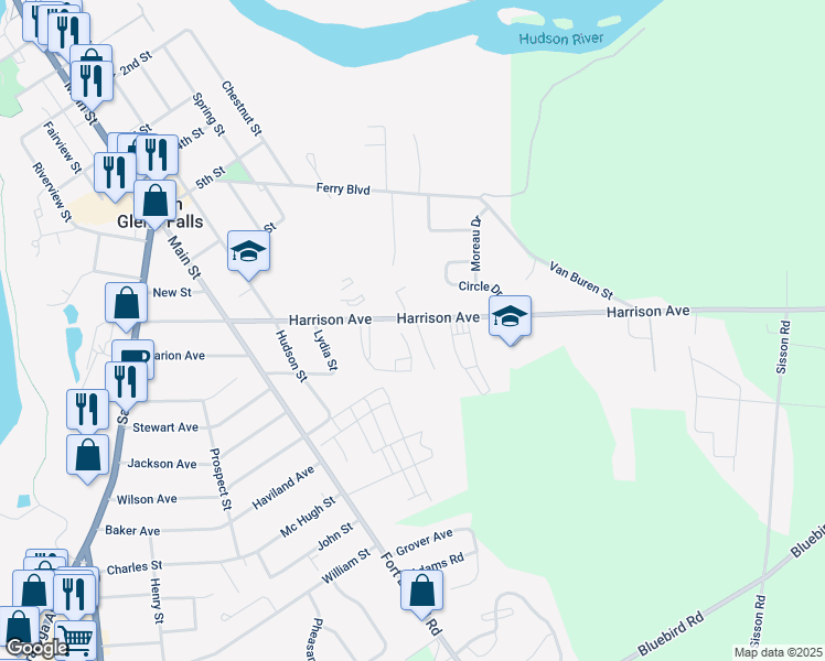 map of restaurants, bars, coffee shops, grocery stores, and more near 50 Harrison Avenue in South Glens Falls