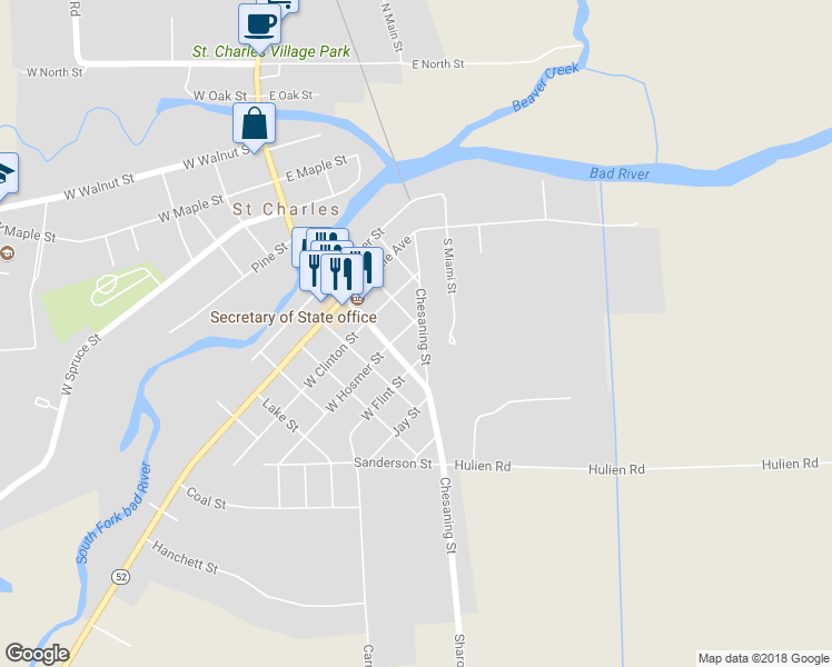 map of restaurants, bars, coffee shops, grocery stores, and more near 122 East Hosmer Street in Saint Charles