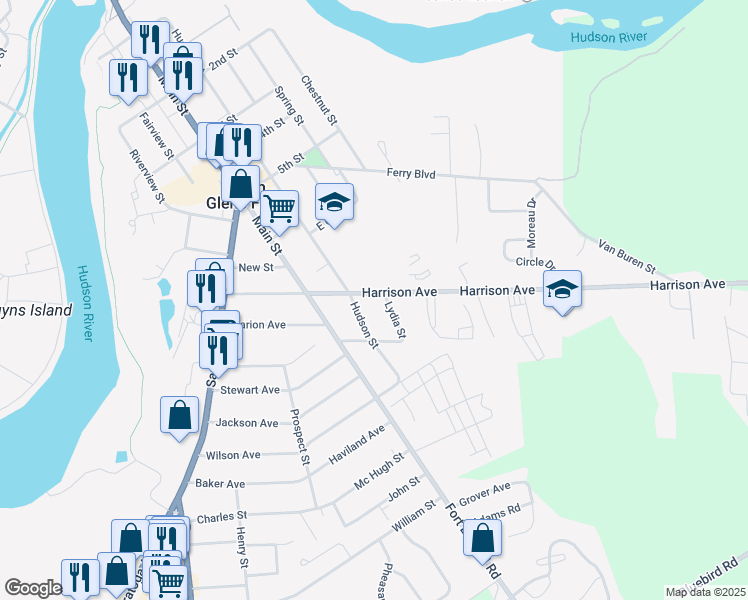 map of restaurants, bars, coffee shops, grocery stores, and more near 1A Lydia Street in South Glens Falls