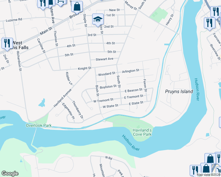 map of restaurants, bars, coffee shops, grocery stores, and more near 14 Boylston Street in Glens Falls