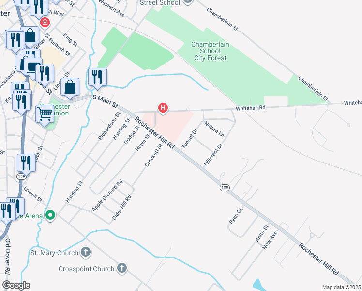 map of restaurants, bars, coffee shops, grocery stores, and more near 1 Sunset Drive in Rochester