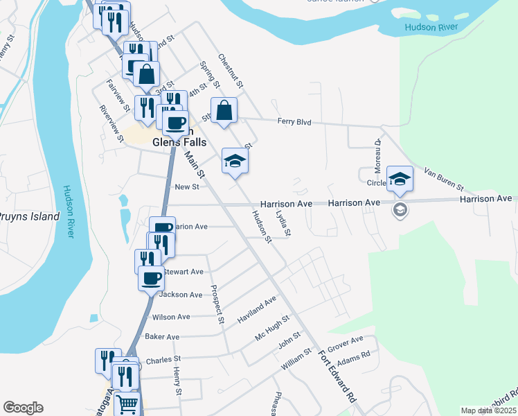 map of restaurants, bars, coffee shops, grocery stores, and more near 115 Hudson St in South Glens Falls