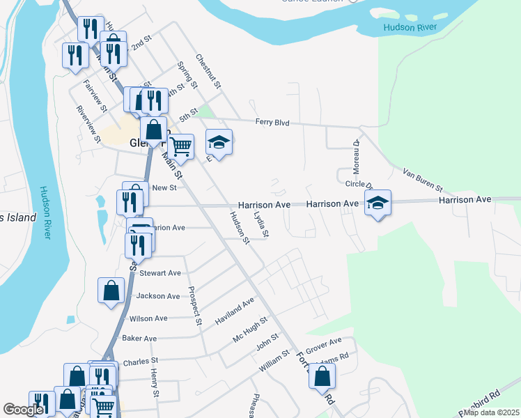 map of restaurants, bars, coffee shops, grocery stores, and more near 1A Lydia St in South Glens Falls