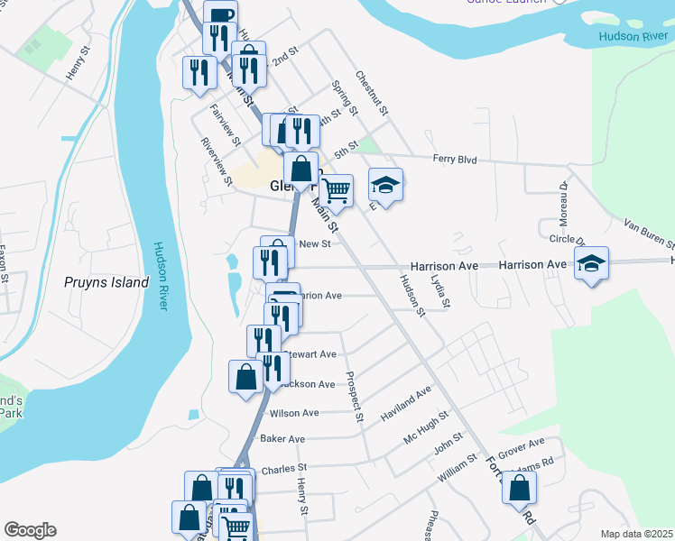 map of restaurants, bars, coffee shops, grocery stores, and more near 18 Harrison Avenue in South Glens Falls