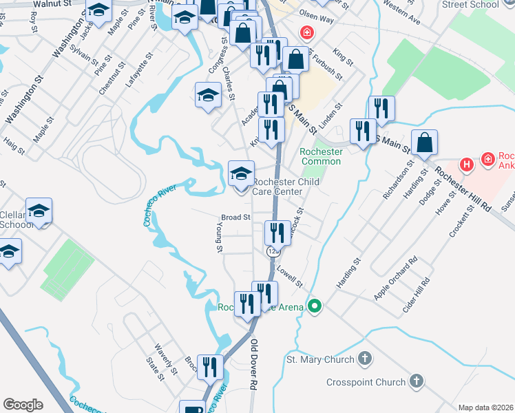 map of restaurants, bars, coffee shops, grocery stores, and more near 104 Charles Street in Rochester