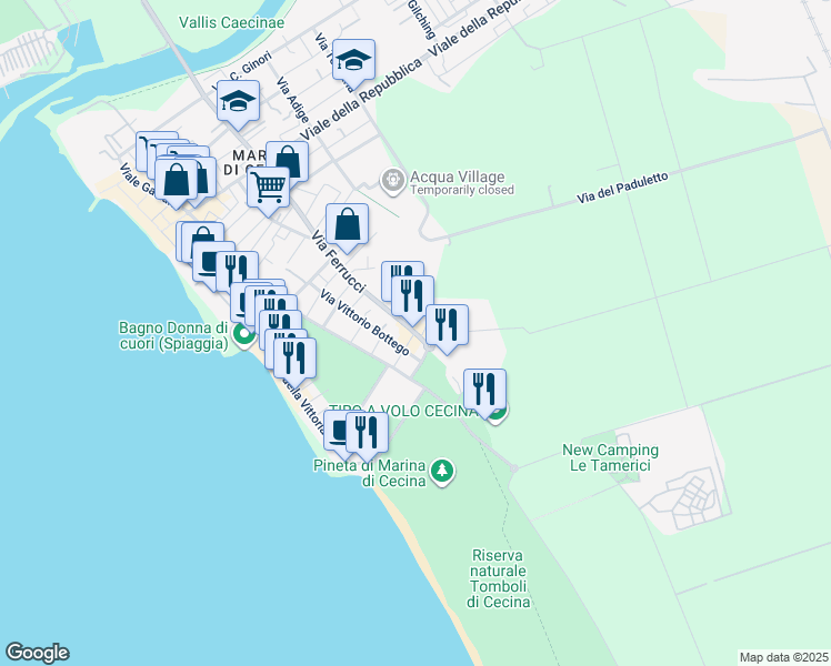 map of restaurants, bars, coffee shops, grocery stores, and more near 136 Via Francesco Ferrucci in Cecina