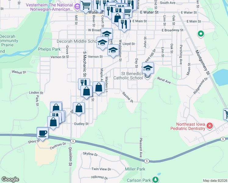 map of restaurants, bars, coffee shops, grocery stores, and more near 103 Rural Avenue in Decorah