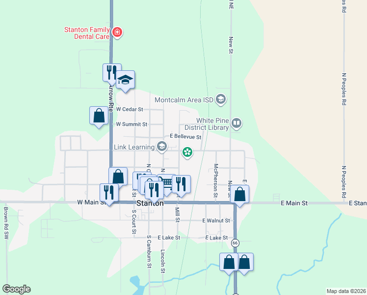 map of restaurants, bars, coffee shops, grocery stores, and more near 404 Mill Street in Stanton