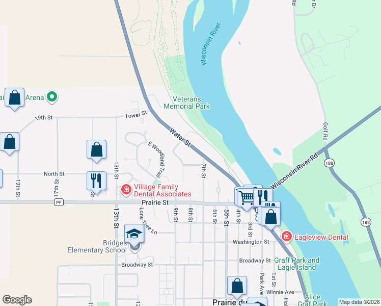 map of restaurants, bars, coffee shops, grocery stores, and more near 732 8th Street in Prairie du Sac