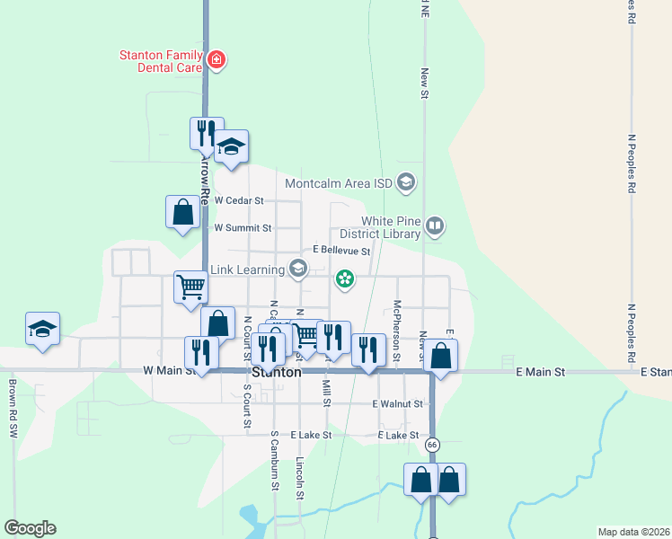 map of restaurants, bars, coffee shops, grocery stores, and more near 404 North Mill Street in Stanton