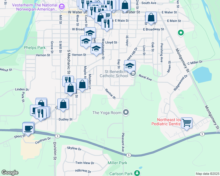 map of restaurants, bars, coffee shops, grocery stores, and more near 105 Rural Avenue in Decorah