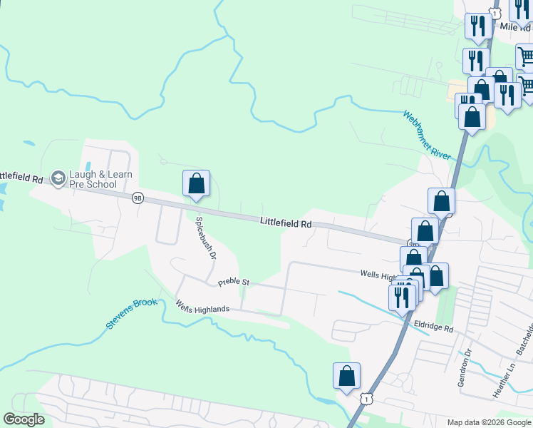 map of restaurants, bars, coffee shops, grocery stores, and more near 231 Littlefield Road in Wells