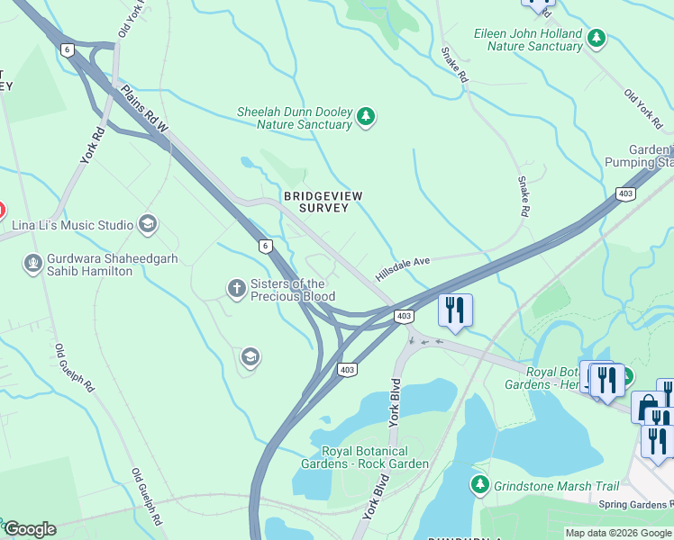 map of restaurants, bars, coffee shops, grocery stores, and more near 1436 Plains Road West in Burlington