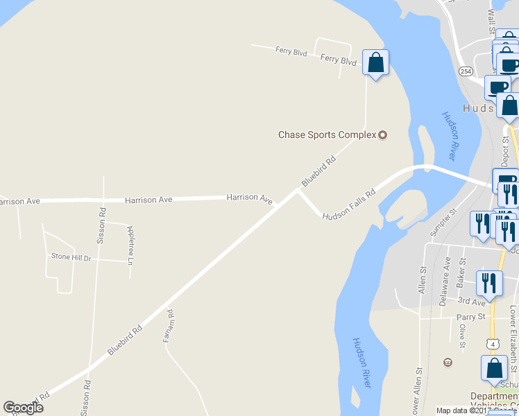 map of restaurants, bars, coffee shops, grocery stores, and more near 271 Bluebird Road in South Glens Falls