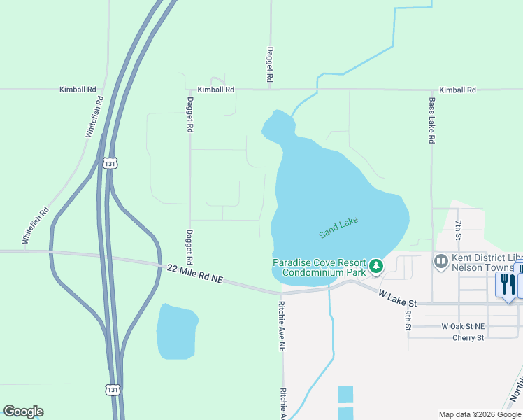 map of restaurants, bars, coffee shops, grocery stores, and more near 146 George K Drive in Sand Lake