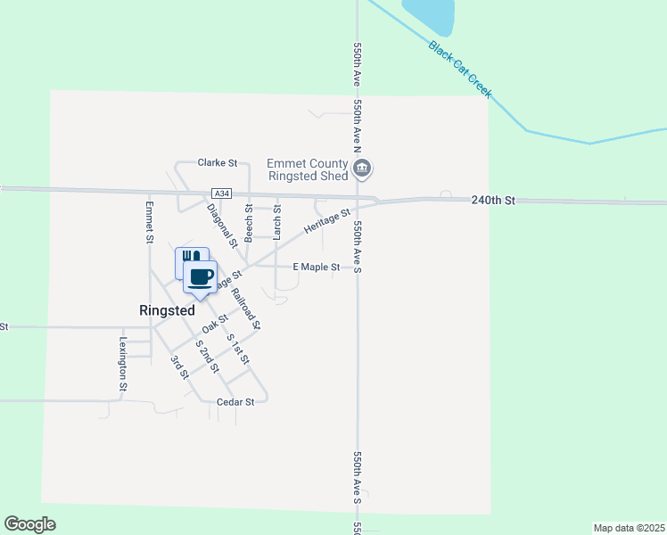 map of restaurants, bars, coffee shops, grocery stores, and more near 400 East Maple Street in Ringsted