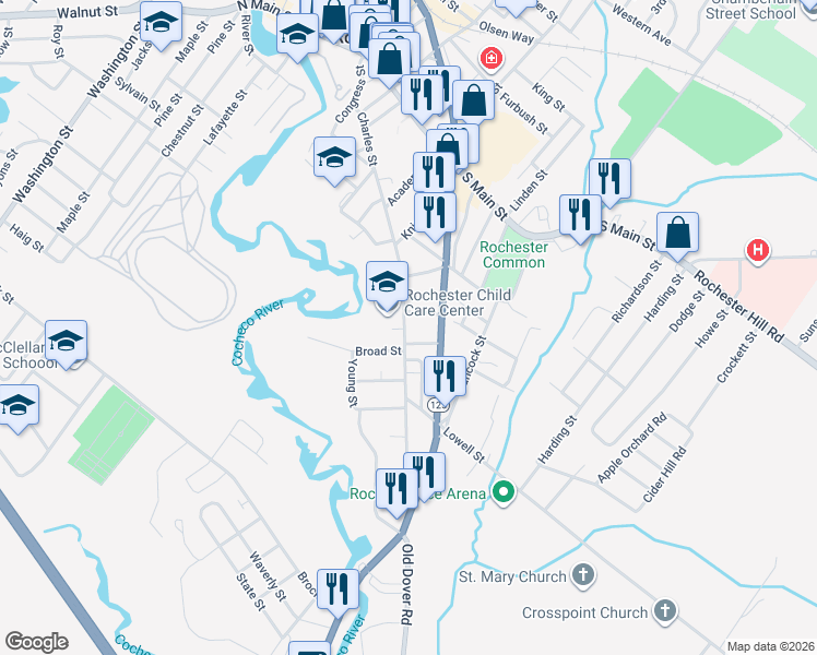 map of restaurants, bars, coffee shops, grocery stores, and more near 102 Charles Street in Rochester