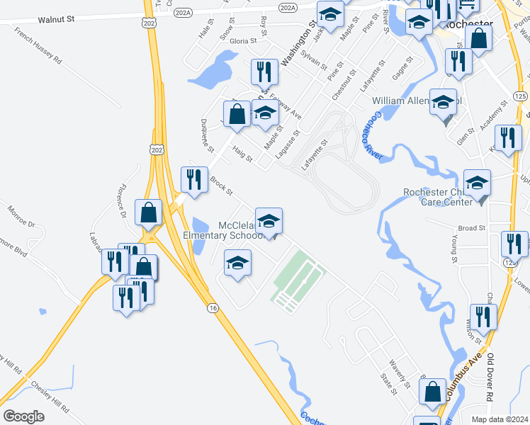 map of restaurants, bars, coffee shops, grocery stores, and more near 46 Brock Street in Rochester