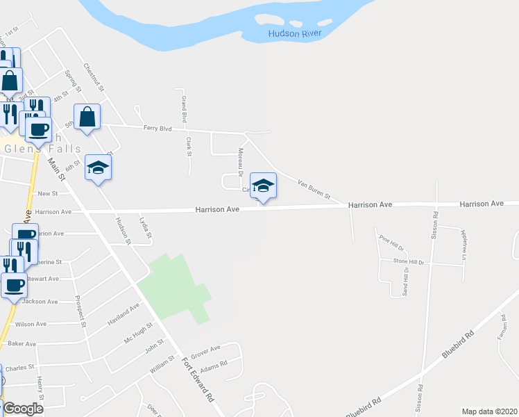 map of restaurants, bars, coffee shops, grocery stores, and more near 68 Harrison Avenue in South Glens Falls