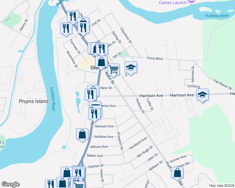 map of restaurants, bars, coffee shops, grocery stores, and more near 18 Harrison Avenue in South Glens Falls