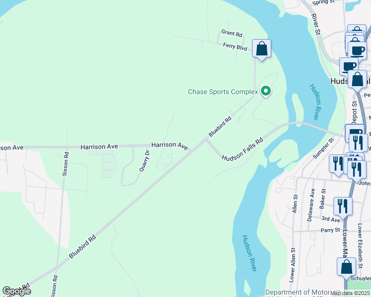 map of restaurants, bars, coffee shops, grocery stores, and more near 271 Bluebird Road in South Glens Falls