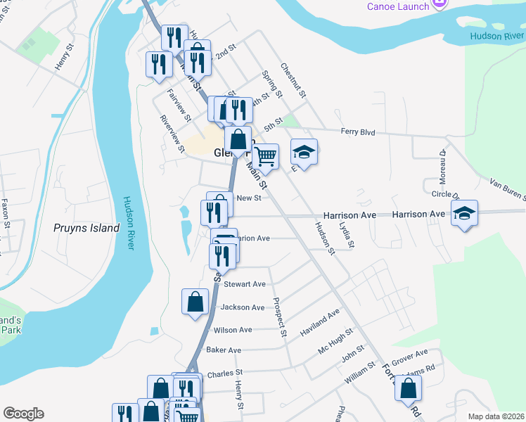 map of restaurants, bars, coffee shops, grocery stores, and more near 18 Harrison Avenue in South Glens Falls