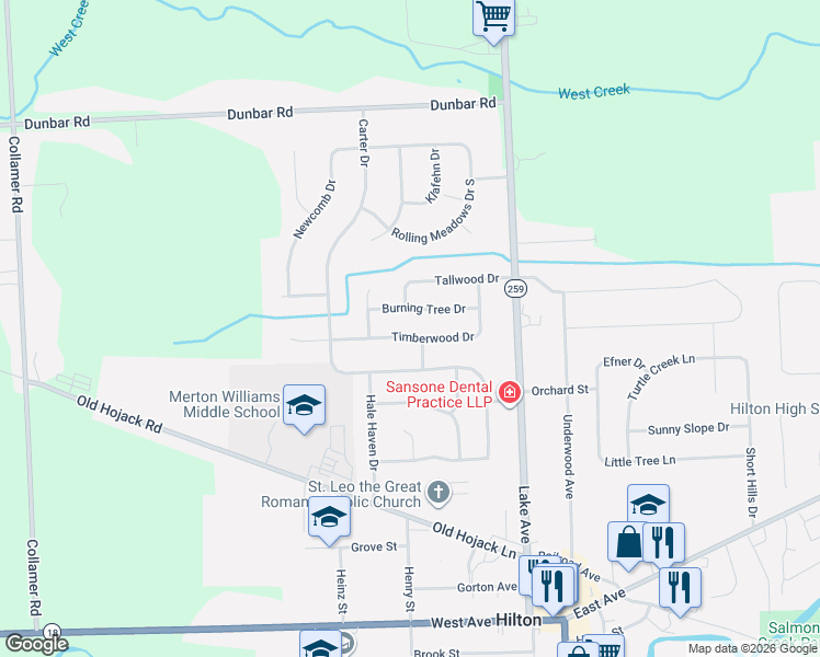 map of restaurants, bars, coffee shops, grocery stores, and more near 36 Timberwood Drive in Hilton