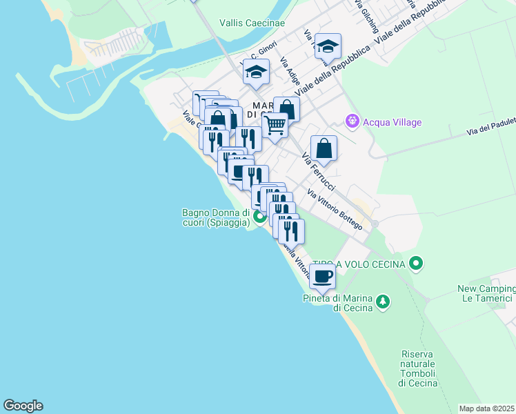 map of restaurants, bars, coffee shops, grocery stores, and more near 51 Viale della Vittoria in Cecina