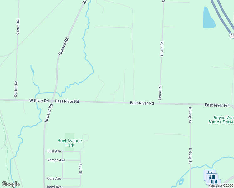 map of restaurants, bars, coffee shops, grocery stores, and more near 364 East River Road in Muskegon
