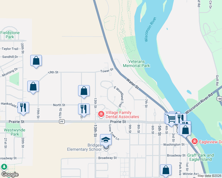 map of restaurants, bars, coffee shops, grocery stores, and more near 817 Red Pine Court in Prairie du Sac