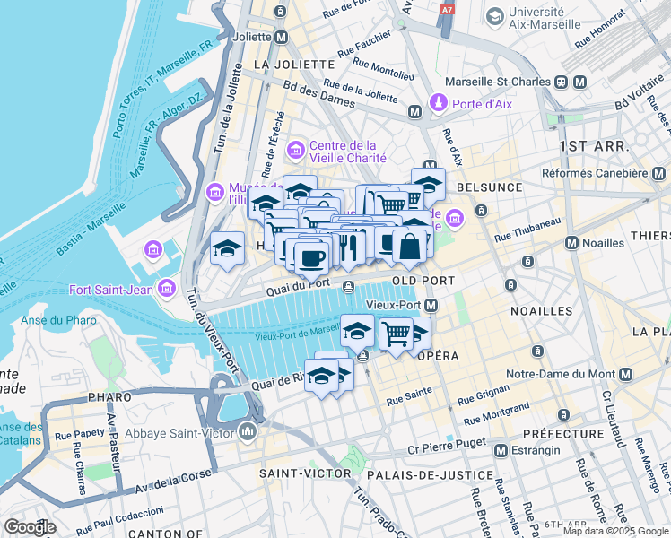 map of restaurants, bars, coffee shops, grocery stores, and more near in Marseille