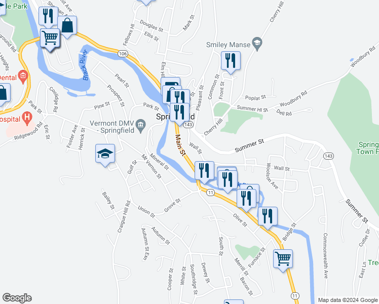 map of restaurants, bars, coffee shops, grocery stores, and more near 127 Main Street in Springfield