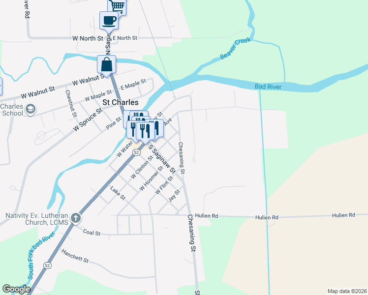 map of restaurants, bars, coffee shops, grocery stores, and more near 122 East Hosmer Street in Saint Charles