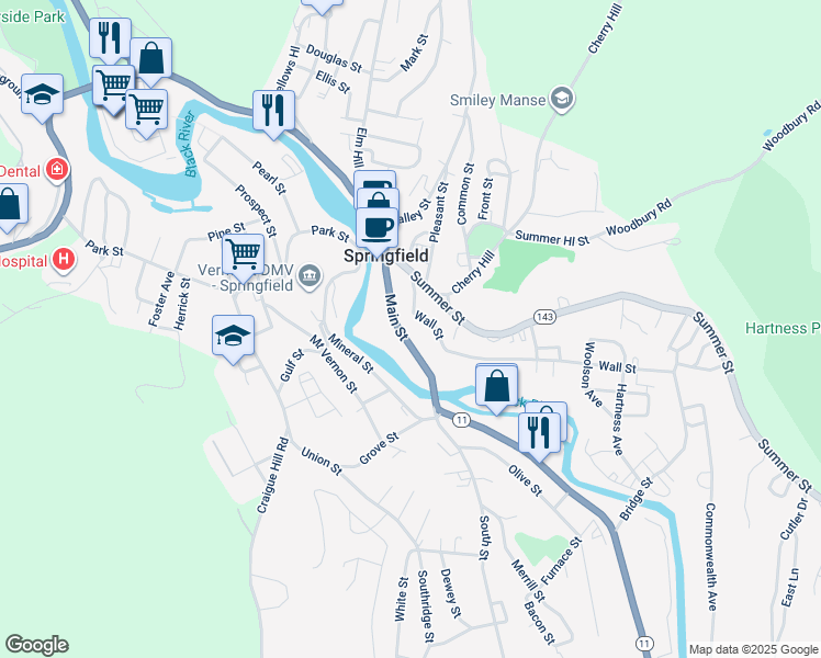 map of restaurants, bars, coffee shops, grocery stores, and more near 127 Main Street in Springfield