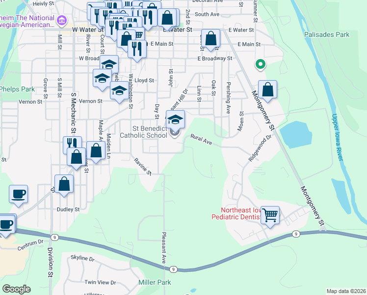 map of restaurants, bars, coffee shops, grocery stores, and more near 402 Rural Avenue in Decorah