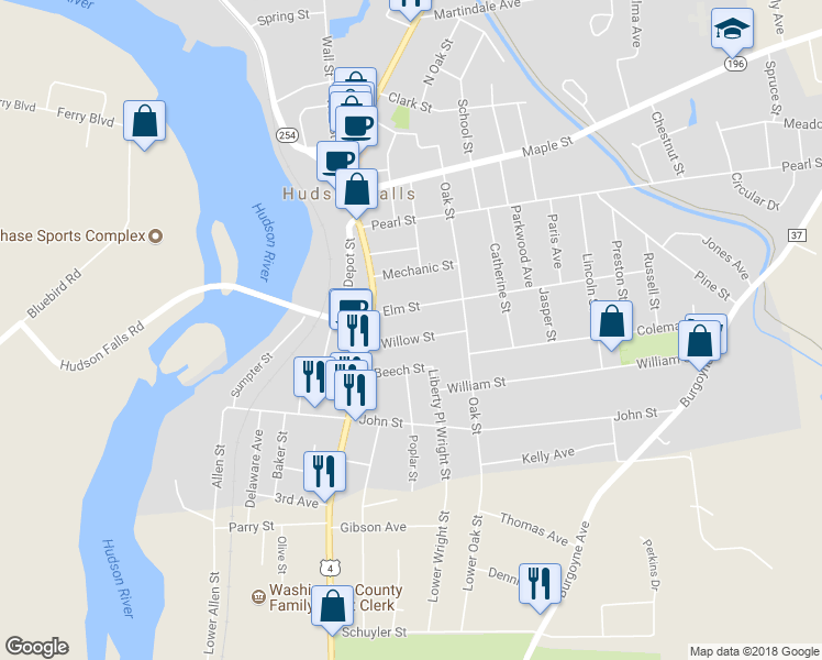 map of restaurants, bars, coffee shops, grocery stores, and more near 13 Willow Street in Hudson Falls